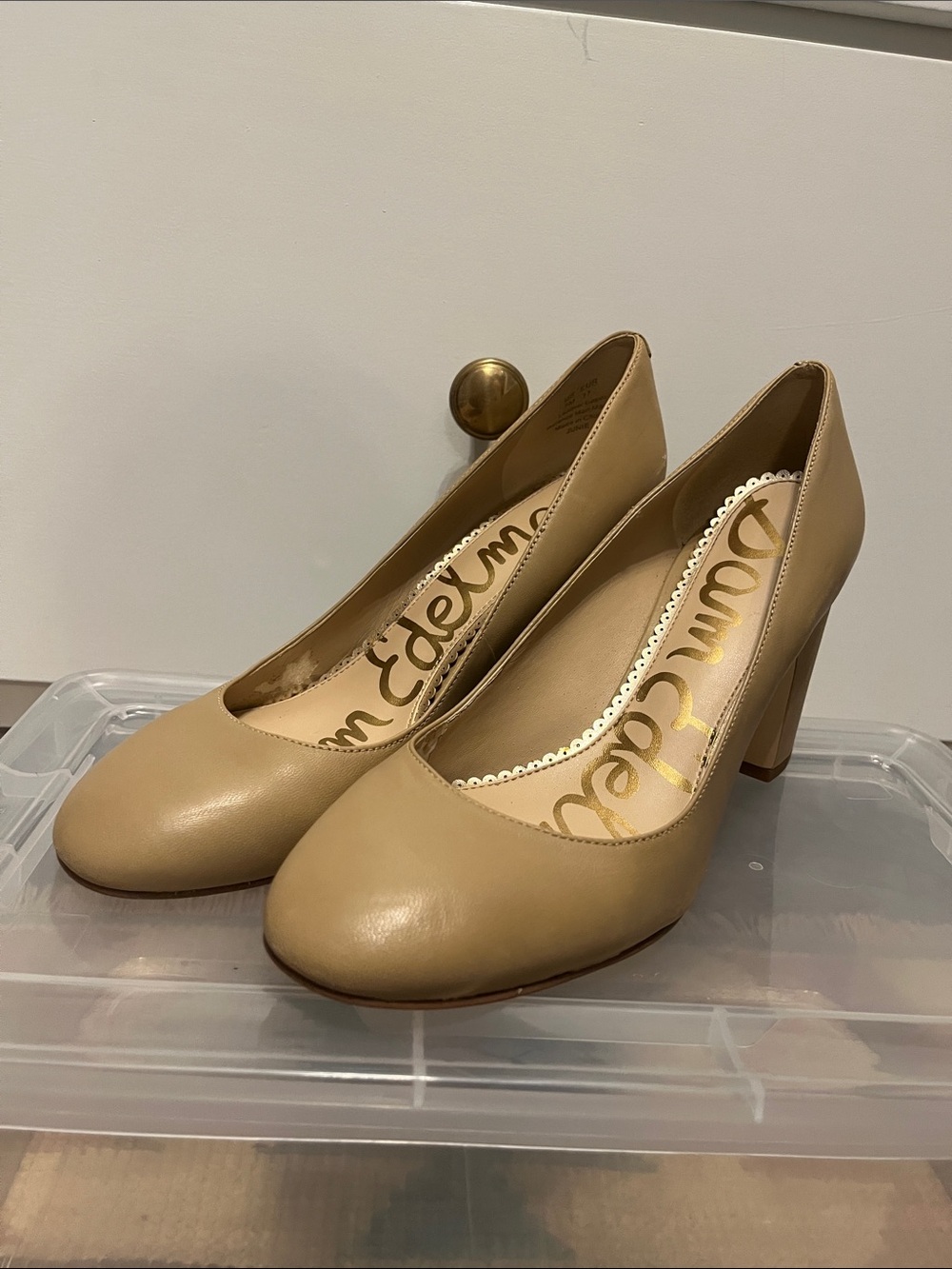 Sam Edelman Beige Leather Block Heel Pumps